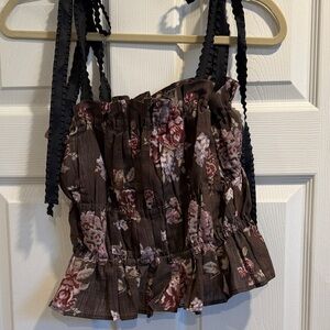 Brock collection HM Floral Smocked Brown Tie-Strap Women's Top